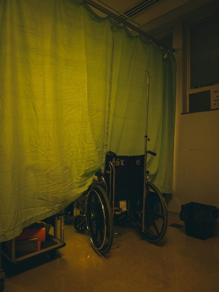 Picture shows wheelchair for an ICU patient outside the ward